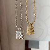Metal Crystal Bear Charm Necklace Stainless Steel Chain Women Silver Party