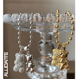 Metal Crystal Bear Charm Necklace Stainless Steel Chain Women Silver Party
