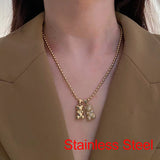 Metal Crystal Bear Charm Necklace Stainless Steel Chain Women Silver Party