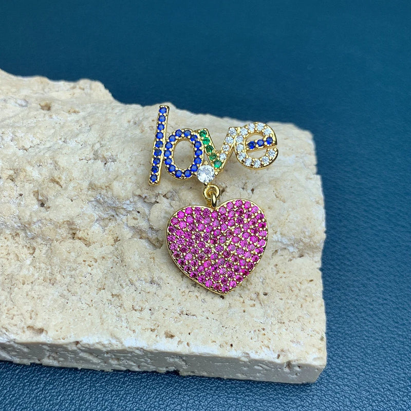 Metal Plated Rhinestones LOVE Heart Pendants Charms For Jewelry Making