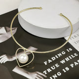 Metal Heart Torques Necklaces with Big Pearl Choker