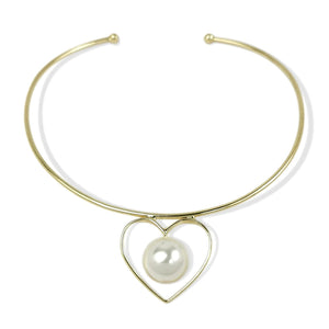 Metal Heart Torques Necklaces with Big Pearl Choker