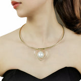 Metal Heart Torques Necklaces with Big Pearl Choker