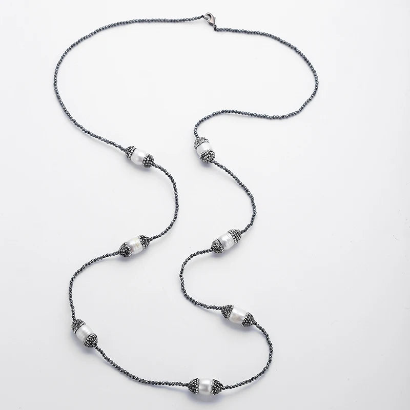 Mini Hematite Bead Necklace with Crystal Paved Oval Pearl Charm