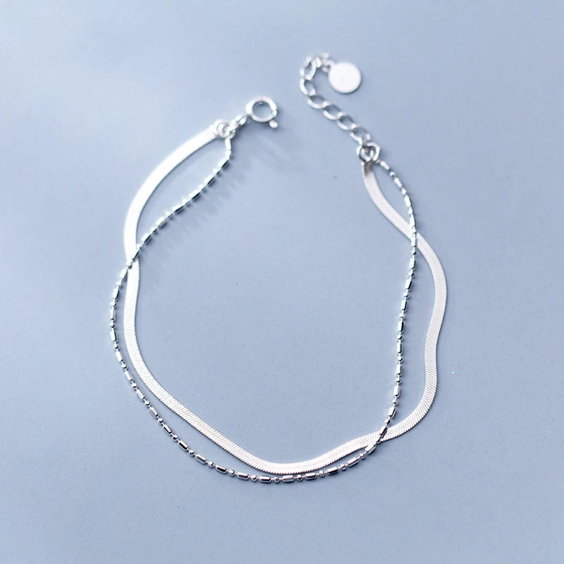 Minimalist Beads&Snake Bone Bracelet 925 Sterling Silver Charm Bangle For Women