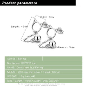 925 Sterling Silver Cat Stud Earrings for Women Girls Bell Jewlery