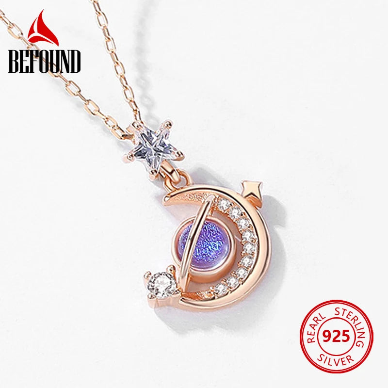 Moon Necklace 925 Silver Glazed Stone Zircon Inlay Chain for Girlfriend Gift