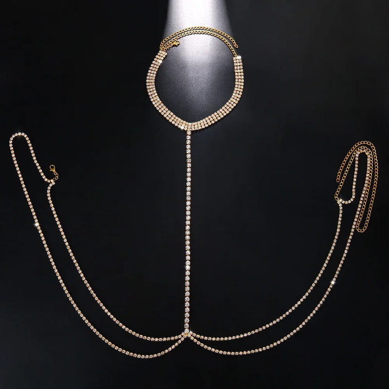 Layer Belly Waist Chain with Neck Crystal Body Chain Kpop Necklace Choker