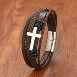 Stainless Steel Clasp Coffee Cross Leather Bracelet for Men Women