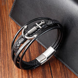 Multi-Layer Leather Anchor Metal Men's Punk Bracelet for Year's Gift