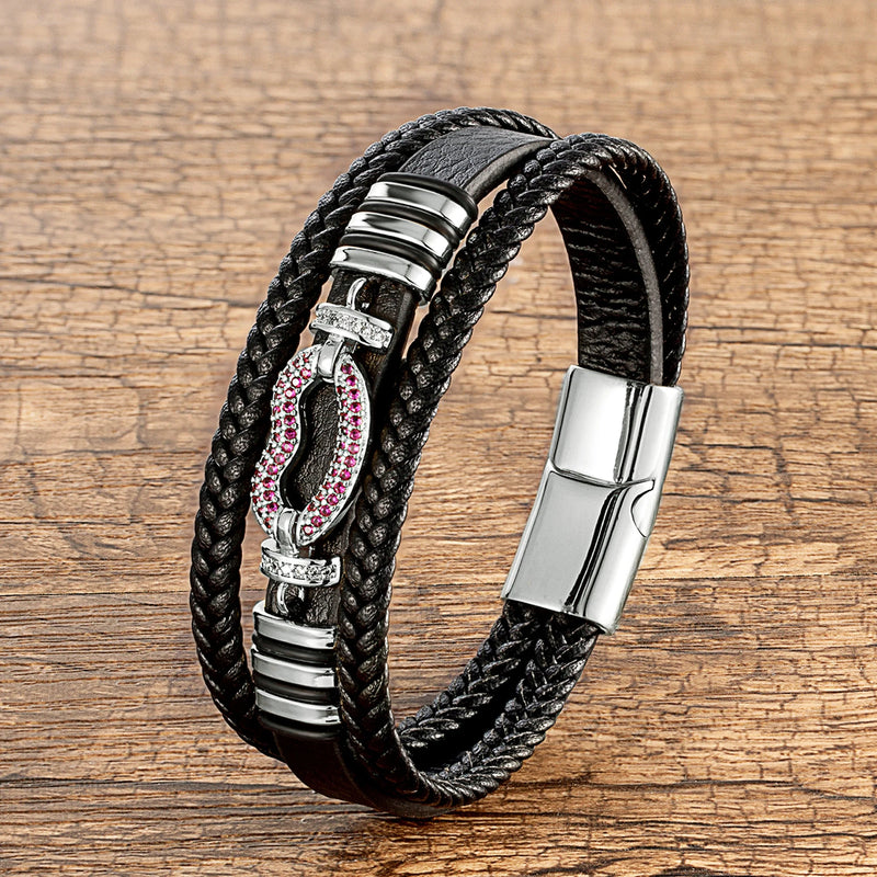 Braided Leather Bracelet Bangle with Cubic Zirconia