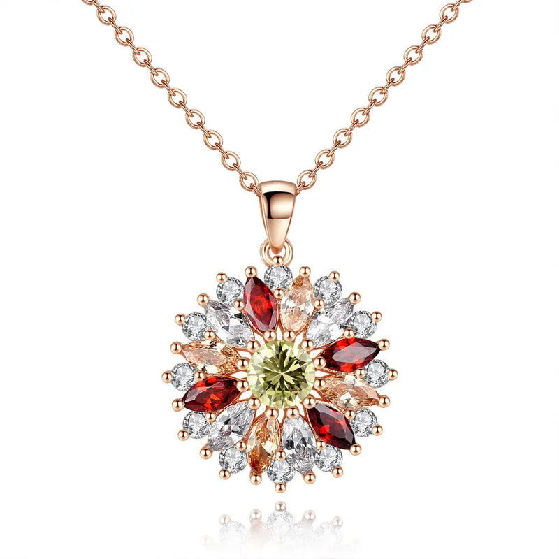 Multicolor Crystal Zircon Diamonds Sunflower Pendant Necklaces for Women
