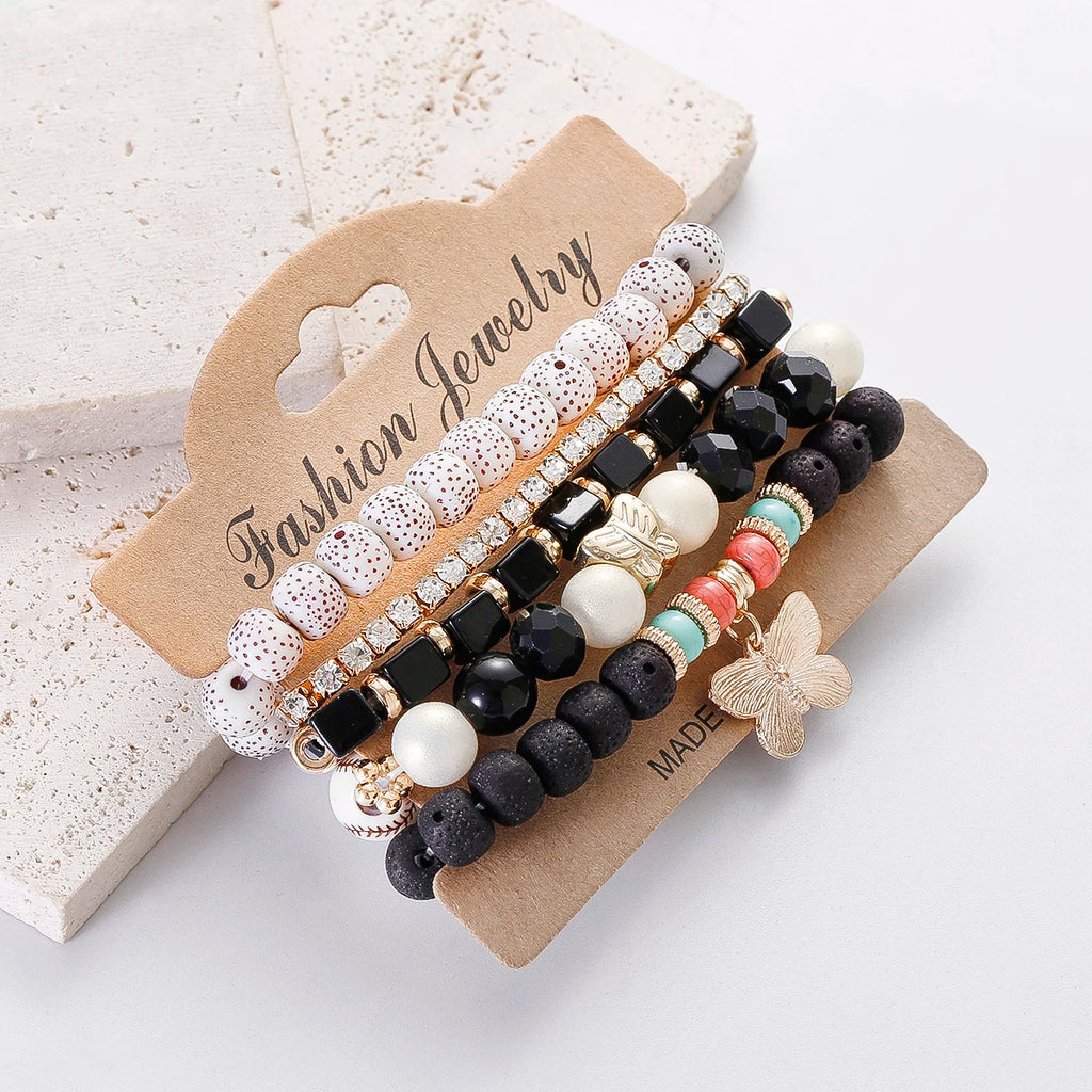 Multicolors Beads Bracelets Set with Butterfly Pendent Charm