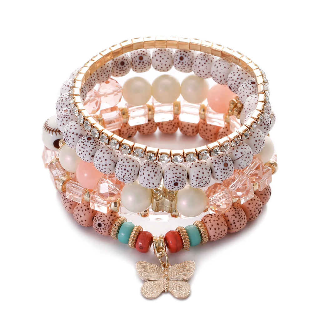 Multicolors Beads Bracelets Set with Butterfly Pendent Charm