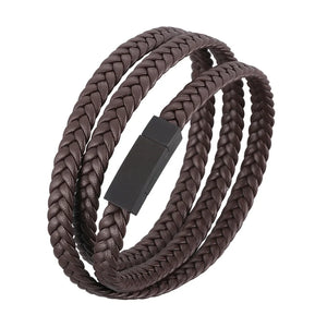 Multilayer Braided Rope Leather Wrap Bracelets Stainless Steel Clasp