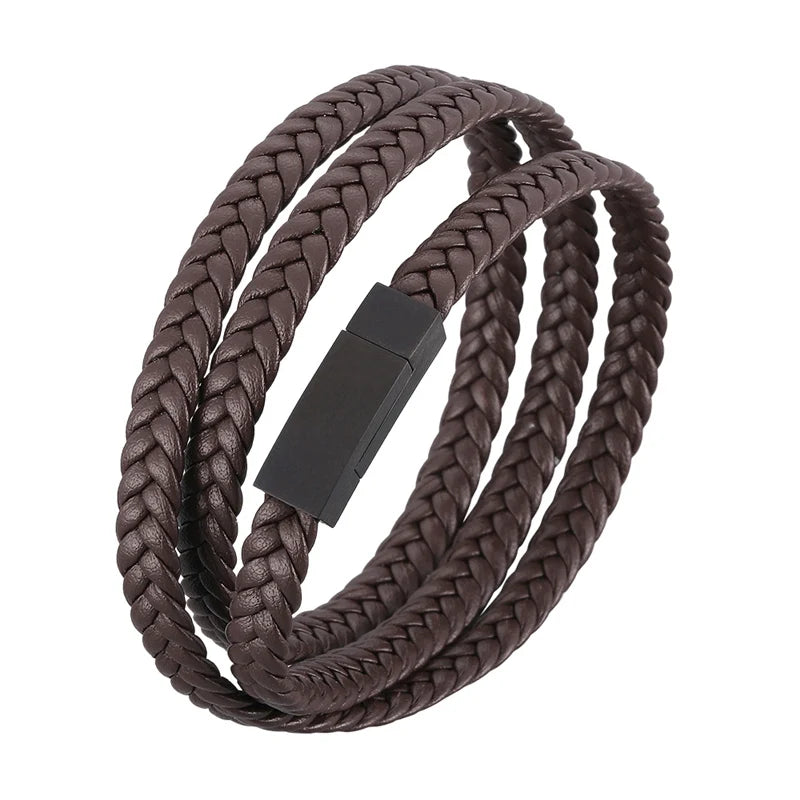 Multilayer Braided Rope Leather Wrap Bracelets Stainless Steel Clasp