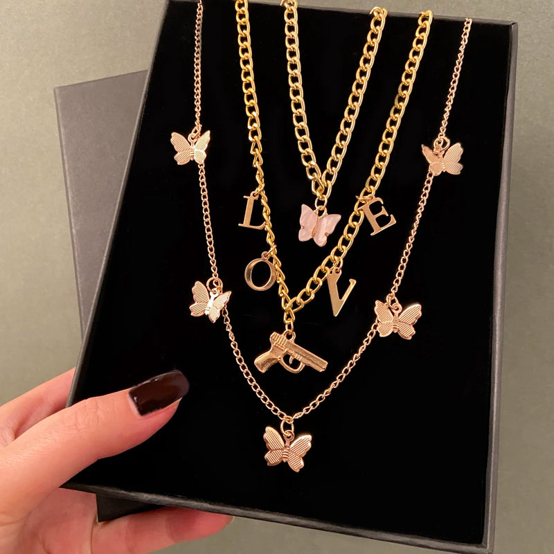 Butterfly Gun LOVE Choker Necklace Thick Chain Pendant Jewelry Gift