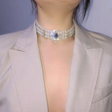 Multilayer Pearl Choker Crystal Rhinestones Bib Necklace