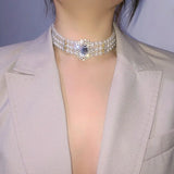 Multilayer Pearl Choker Crystal Rhinestones Bib Necklace