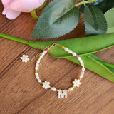Fashion 3-4mm Pearl Yellow Daisy Flowers Mother Pearl Shell 925 Bracelet