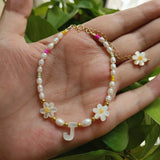 Fashion 3-4mm Pearl Yellow Daisy Flowers Mother Pearl Shell 925 Bracelet