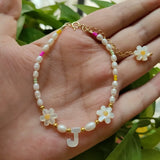Fashion 3-4mm Pearl Yellow Daisy Flowers Mother Pearl Shell 925 Bracelet