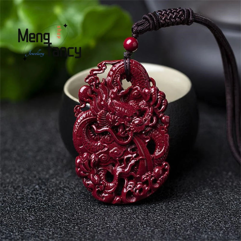 Natural Cinnabar Jade Double Sided Carving Dragon Pendant