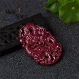 Natural Cinnabar Jade Double Sided Carving Dragon Pendant