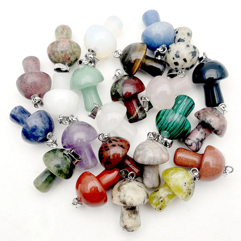 24PC Natural Gem Stone Mushroom Pendant CRYSTAL - Jewelry Making Necklace Charm