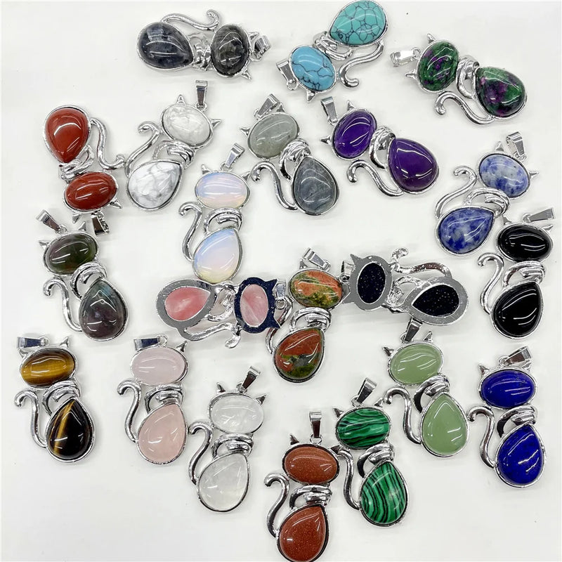 Gem Stone Quartz Crystal Opal Mix Pendant & Cat Charm for Jewelry Making