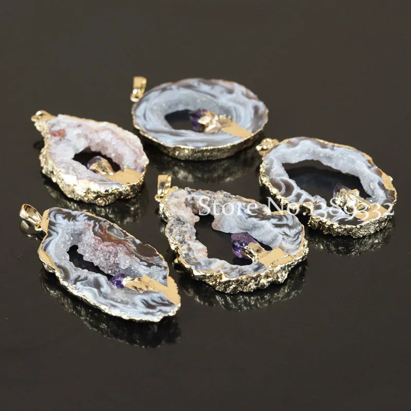 Geode Quartz Leopard Druzy Nature Slice Stone Pendant Crystal Quartz Pendant