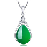 Green Jade Chalcedony Water Drop Pendant 925 Silver Necklace