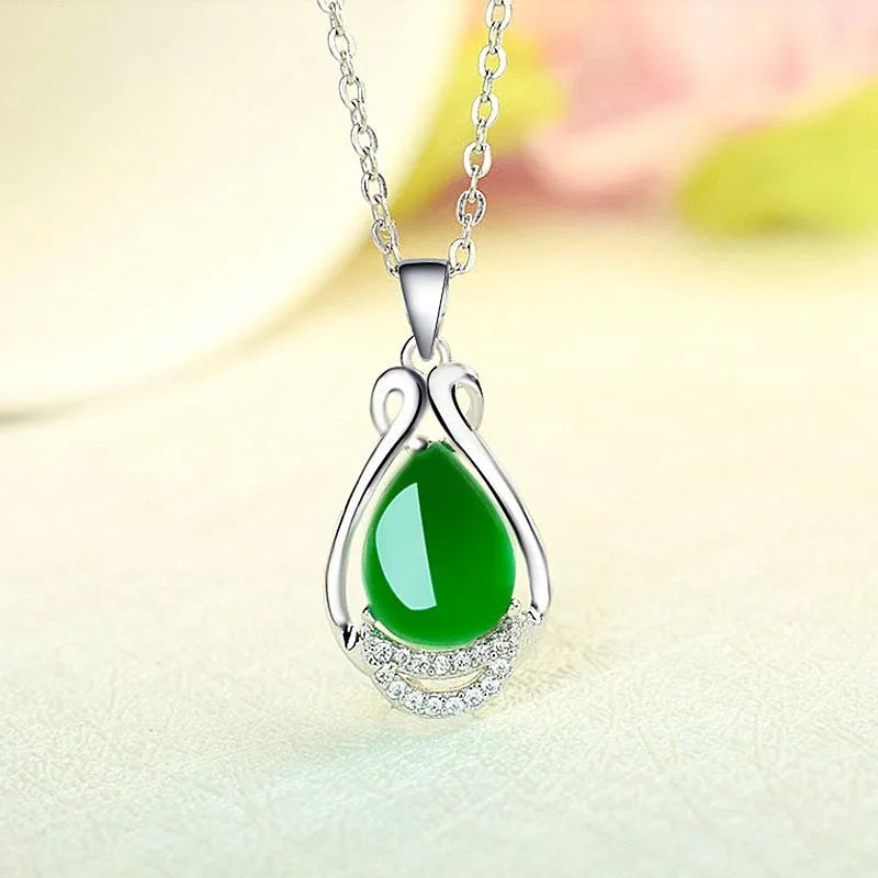 Green Jade Chalcedony Water Drop Pendant Necklace