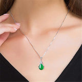 Green Jade Chalcedony Water Drop Pendant 925 Silver Necklace