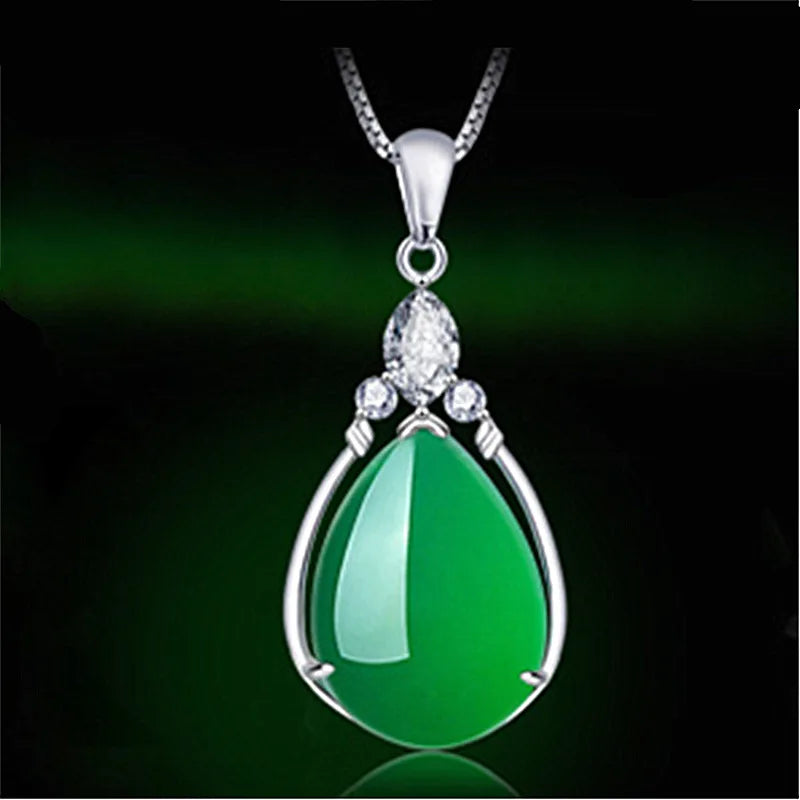 Green Jade Chalcedony Water Drop Pendant 925 Silver Necklace
