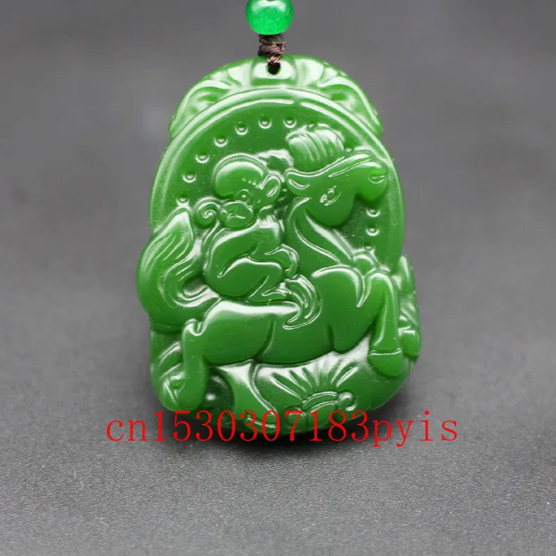 Green Jade Horse Monkey Pendant Necklace Chinese Hand-Carved Amulet