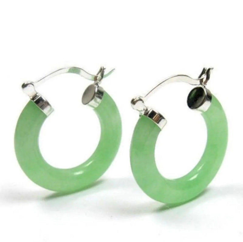 Green Jade Silver Snap Closure Earrings