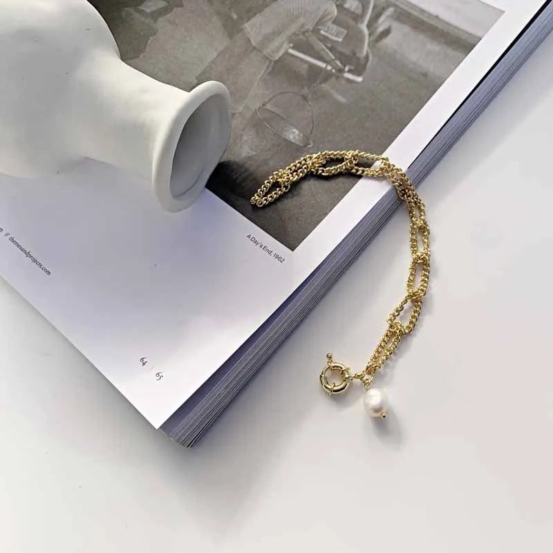 Natural Pearl Chain Pendant Bracelet - Delicate Charm Jewelry