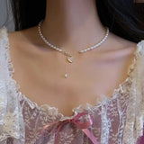 Pearl Necklace Heart Pendant Boho Wedding Jewelry