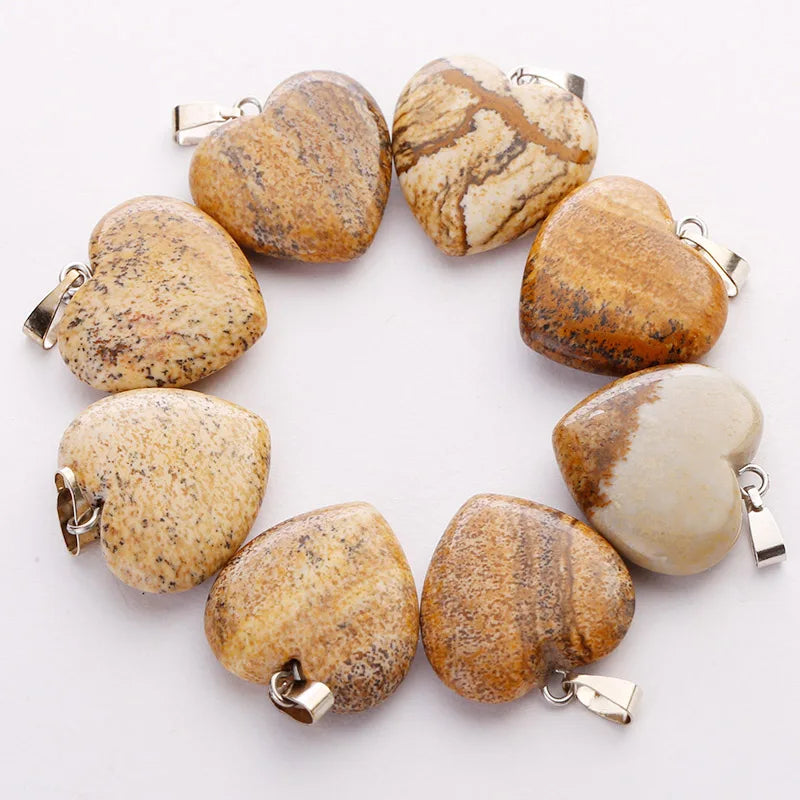 Natural Picture Stone Love Heart Beads Pendants 20mm
