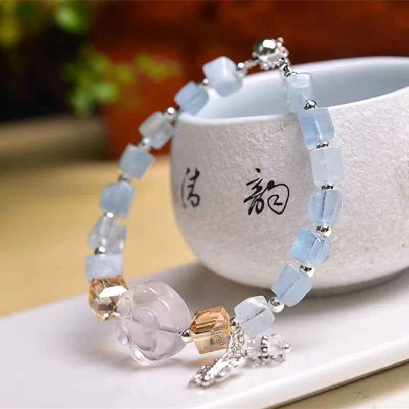 Aquamarine Sugar Cubes Bead Bracelet, Crystal Jewelry for Women