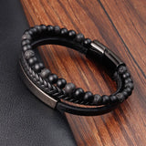 Stone Beads Leather Bracelet Stainless Steel Clasp Punk Jewelry