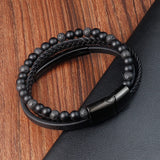 Stone Beads Leather Bracelet Stainless Steel Clasp Punk Jewelry