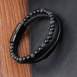 Stone Beads Leather Bracelet Stainless Steel Clasp Punk Jewelry