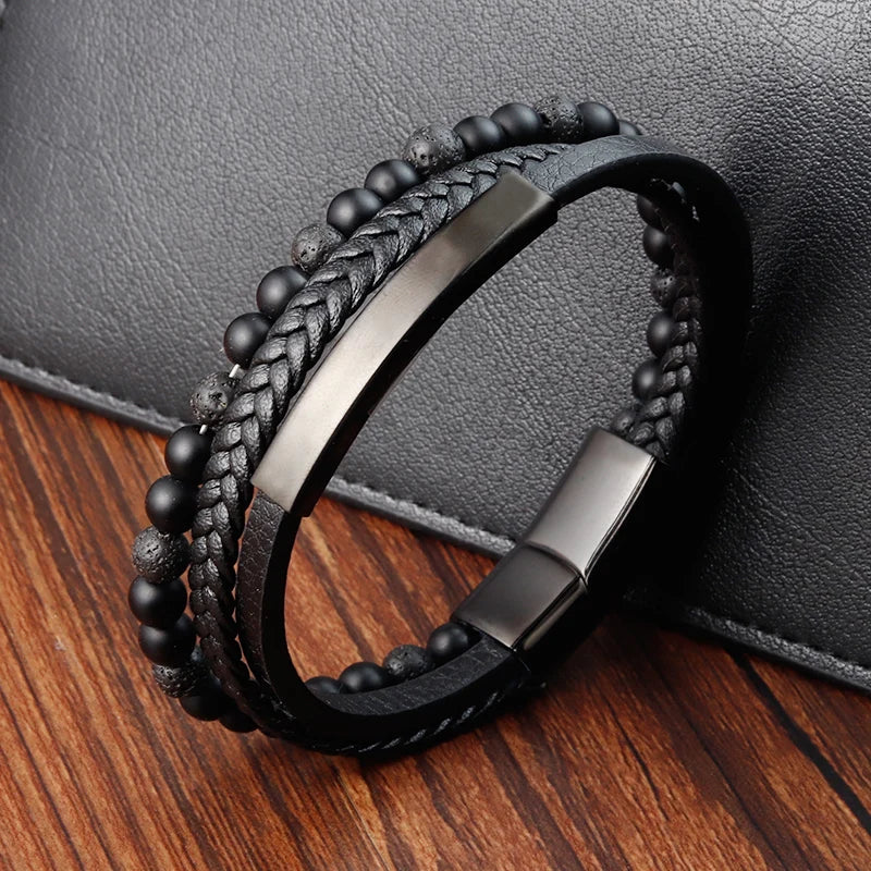 Stone Beads Leather Bracelet Stainless Steel Clasp Punk Jewelry