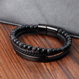 Stone Beads Leather Bracelet Stainless Steel Clasp Punk Jewelry