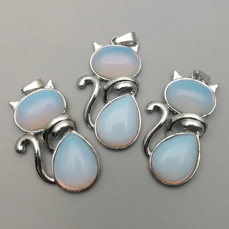 Cat Shape Pink Quartz Opal Beads Chain Necklace Pendant