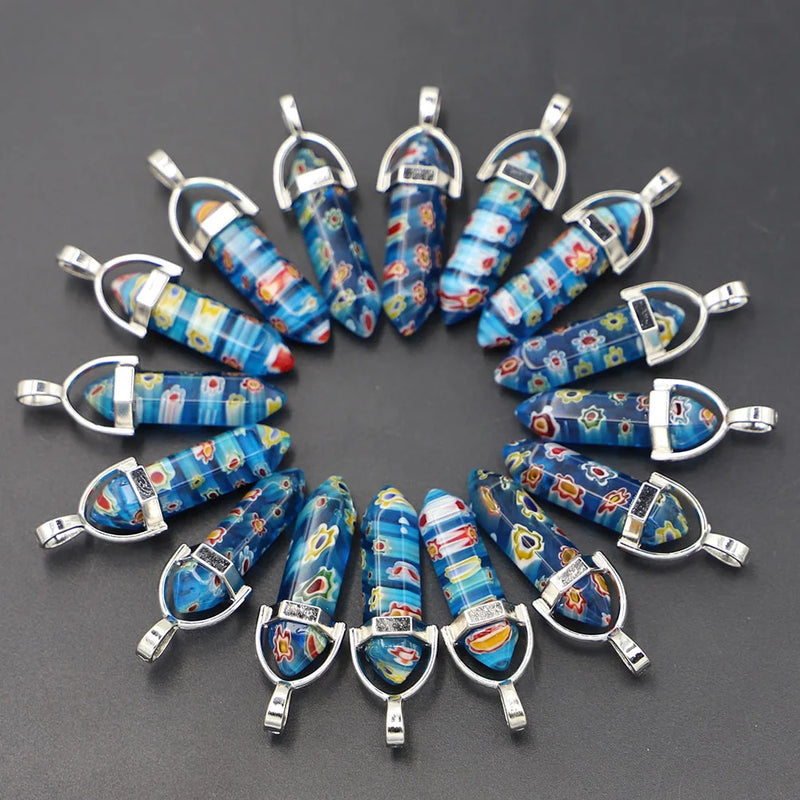 Natural Stone Thousand Flowers Pillar Hexagonal Pendant Column Charms