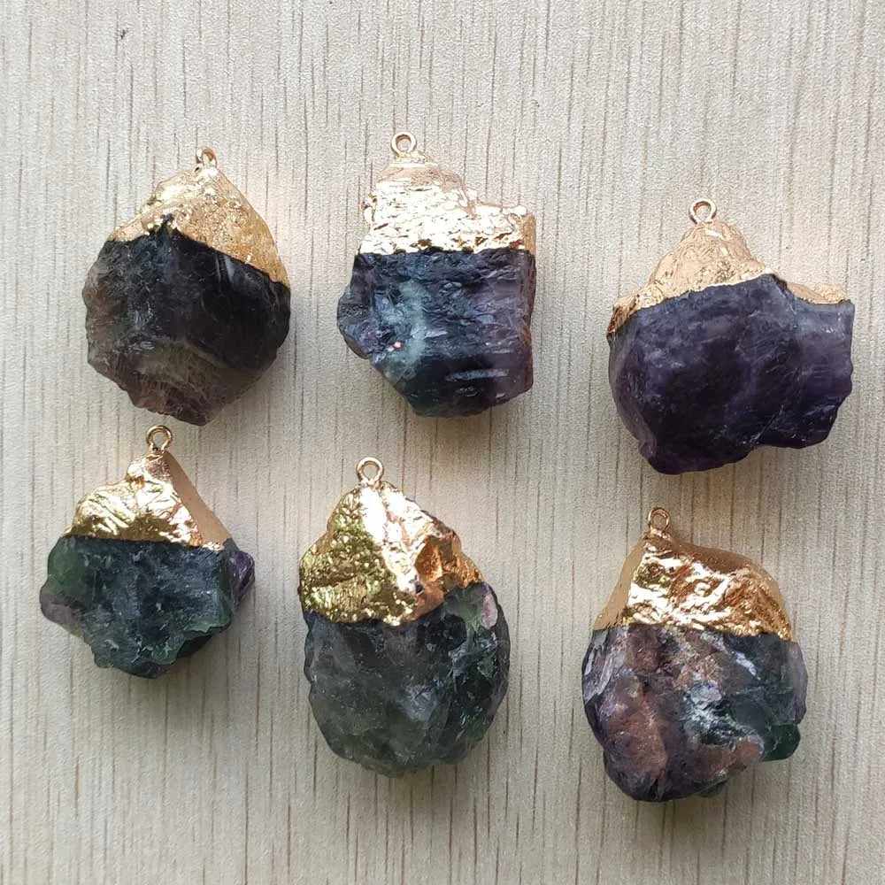 6pcs Natural Fluorite Stone Pendants for Jewelry Making