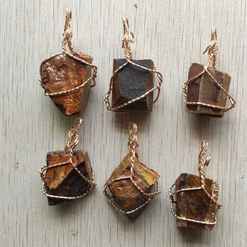 6pcs Tiger Eye Stone Wire Pendants for Jewelry Making